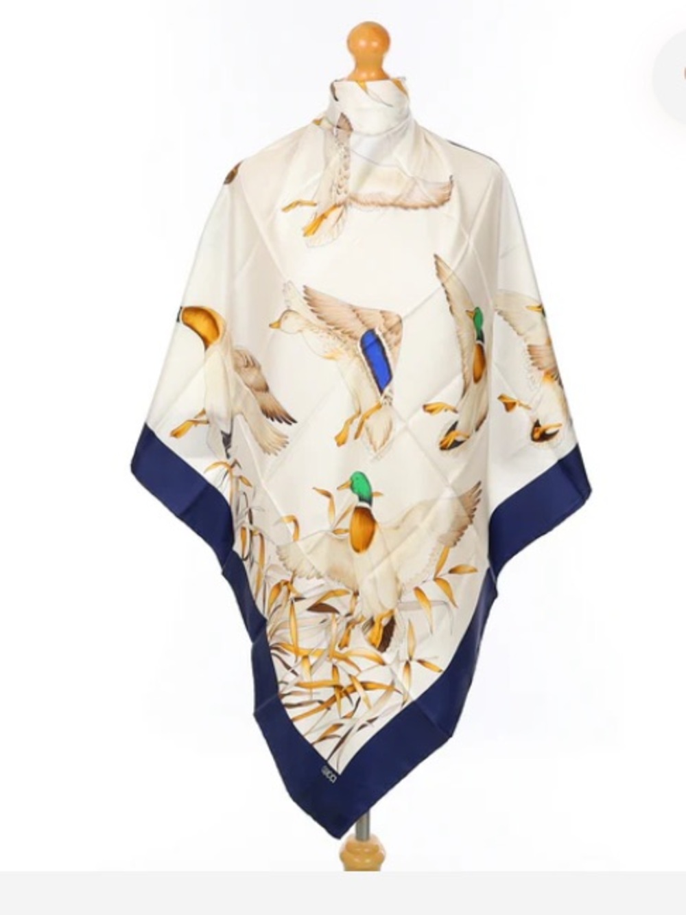 Gucci White Silk Scarf with Navy Border and Green Mallard Motif
